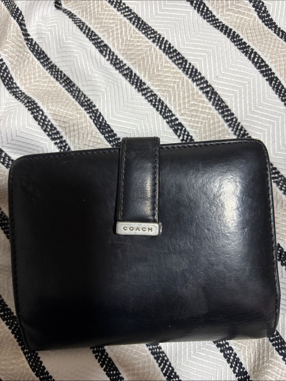 Coach Black Leather Clutch Wallet with Strap and Metal Logo